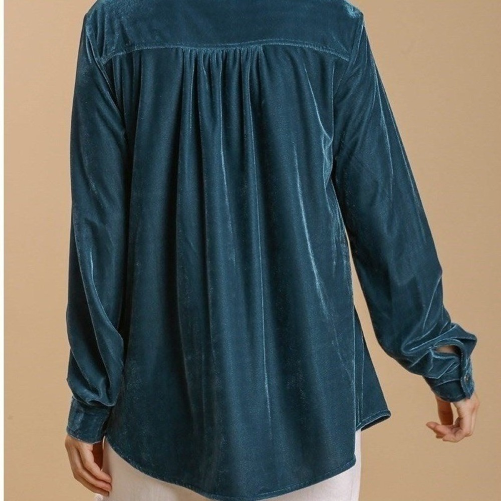 Umgee Velvet Button Down Shirt Womens Peacock Teal Blue Shirt C0719 Medium - Picture 10 of 11